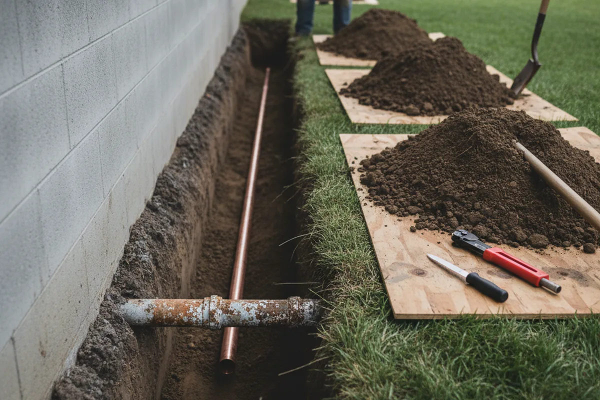 Excavated water line trench during Water Softener Installation in Pocasset